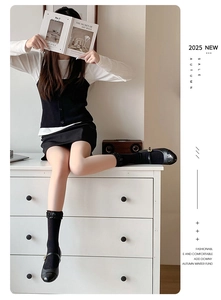 Chic Lolita style outfit featuring sparkling black mid-calf socks and Mary Jane shoes