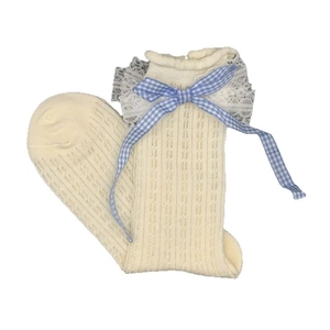 Cream Lolita crew socks with delicate white lace trim and blue gingham bow accent