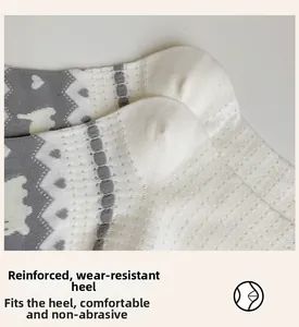 Close-up of reinforced heel on white mesh socks with grey cartoon pattern and textures