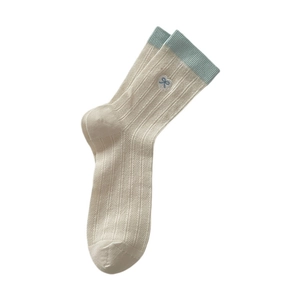 Summer ballet style beige crew socks with blue bow embroidery and ribbed blue trim