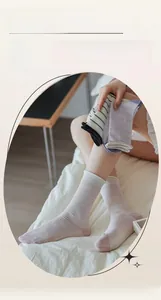 Detail of breathable mesh cotton crew socks with stylish rolled edge and striped pattern