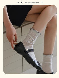 Detail of white hollow-out knit socks with grey frilled edges and black patent shoes