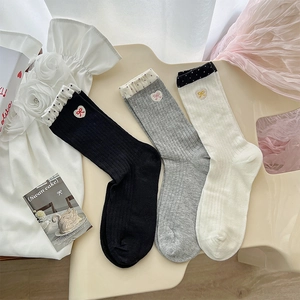 Women Mid-Calf Socks Cotton Ribbed Knit Polka Dot Ruffle Edge Heart Bow Embroidery Sweet Lolita Japanese Style Elastic