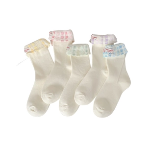Five pack women's ballet style mid-calf socks with colorful plaid cuffs and bow ribbon details