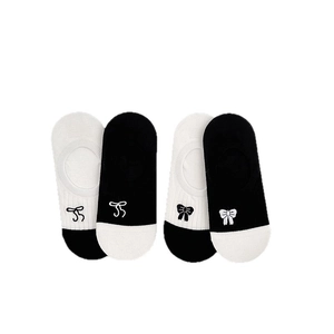 Set of women's cotton invisible boat socks with contrast bow embroidery and ribbed texture