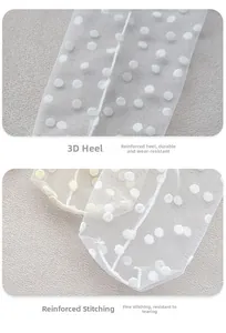 Détail du talon stéréo renforcé et couture manuelle sur chaussettes résille à pois