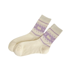 Women's mesh crew socks featuring purple cartoon jacquard and breathable diamond pattern
