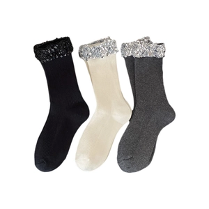 Three pairs of sparkly ribbed mid-calf socks in black, off-white and charcoal grey colors