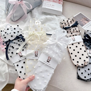 Chaussettes Mi-Mollet En Maille Pour Femmes Pois Nœud Papillon Ultra Mince Respirant Style Ballet Doux Mode Lolita