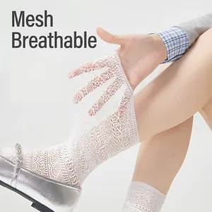 Breathable white mesh lace socks for women with elegant hollow out floral pattern