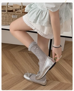 Detail of grey knit socks with lace ruffle edges and silver ballet flat shoes