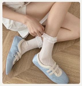 Detailed view of white lace trim socks with vertical ribbing and blue Mary Jane shoes
