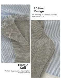Close-up of grey lace trim, bow decoration and 3D heel construction on knitted socks