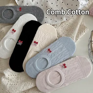 Breathable hollow-out cotton no-show socks set with sweet strawberry bow embroidery