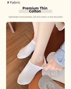 Detail of breathable thin cotton invisible socks with vertical striped texture on wood floor