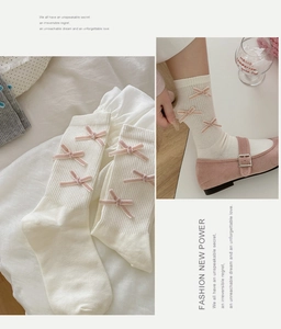 Detail of cream rib-knit mid-calf socks featuring pink velvet bows and Mary Jane shoes