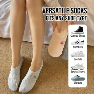 Women's thin cotton low cut socks with sweet cherry embroidery and bow details