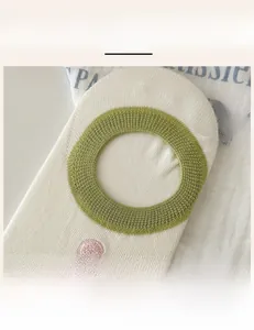 Detail of high-elasticity ribbed cuff on invisible cotton socks with embroidery