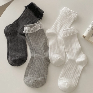 Women Lolita Mid Calf Socks Ribbed Cotton Blend Ruffle Lace Trim Sweet Japanese Style Cute Hosiery