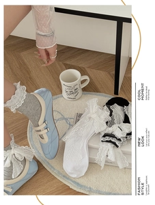 Detailed view of sweet lace trim socks in white, grey, and black with Mary Jane shoes