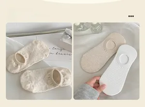 Detail of invisible cotton socks featuring vertical stripes and non-slip silicone heels