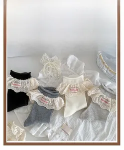 Détails de chaussettes en coton de style coréen avec bordure en dentelle et perles en 4 couleurs