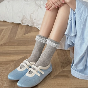 Grey calf-high socks with white lace trim and vertical knit texture for women