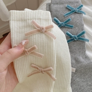 Ribbon bow ribbed crew socks in creamy white and grey with sparkling velvet detail