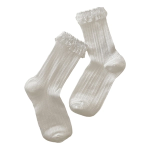 Sweet Lolita white cotton crew socks with delicate lace trim and vertical ribbed texture