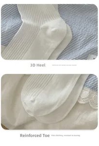 Detail of white ribbed socks featuring a reinforced stereo heel and durable seamless toe