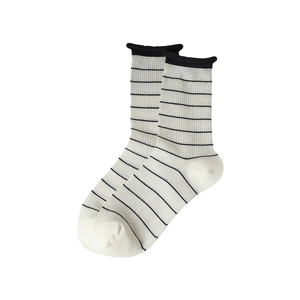 Japanese style beige striped crew socks with black rolled edges and breathable mesh knit