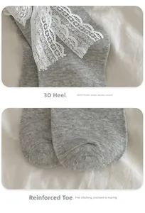 Detailed view of reinforced heel and flat toe seams on grey lace-trimmed cotton socks