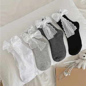 Women Lolita Crew Socks Cotton Lace Bowknot Sweet Japanese Style Solid Color Mid-calf Breathable Hosiery