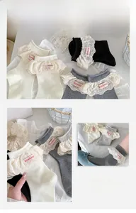 Détails de chaussettes en coton pour femmes avec bordure en dentelle et étiquette brodée