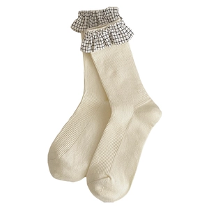 Calze medie stile Lolita bianco panna con balze a quadri e cotone a coste morbide