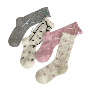 Japanese style floral crew socks with ribbon bow and ruffle cuffs set of 4 colors