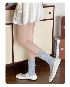 Detail of light blue lace socks with wavy trim and ribbon bow in Mary Jane shoes