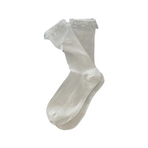 White Lolita lace crew socks with bow detail and ribbed knit texture for women
