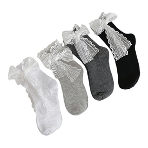 Pack of 4 women's lace bow socks in black, white and grey, Lolita sweet style crew socks