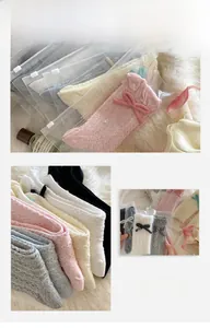 Detail of knit ribbon bow socks featuring cable textures and elegant scalloped cuffs