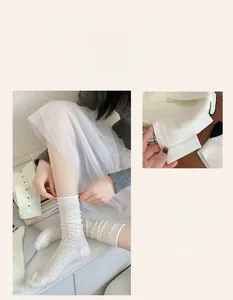 Detail shot of white mesh knit socks with delicate hollow floral patterns and ribbed cuffs