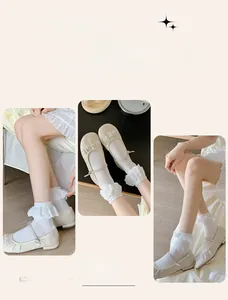 Detail of white lace ruffle socks with double-needle knit texture on Mary Jane shoes