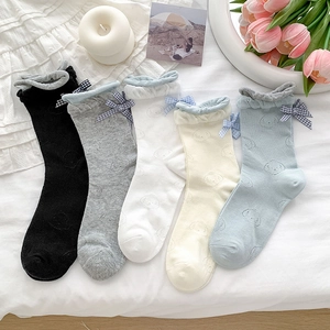 Women Mid-Calf Socks Cotton Blend Ruffled Lace Top Checkered Bow Cartoon Puppy Print Ballet Sweet Style Breathable