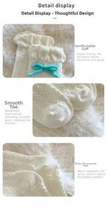 Macro details of white cable knit socks featuring elegant blue bows and ribbed cuffs