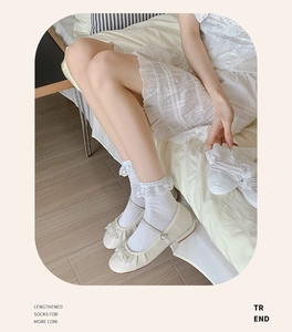 Detail of white cotton lace ankle socks with ruffled edges and Mary Jane shoes