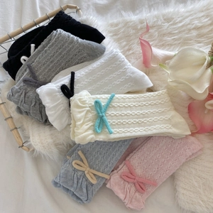 Women Mid Calf Socks Cotton Blend Bow Ruffle Trim Cable Knit Japanese Style Fashionable Girls Casual
