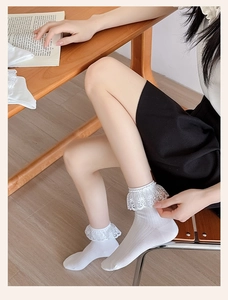 Detail of white lace ruffle cuffs on sweet Lolita style ribbed cotton ankle socks
