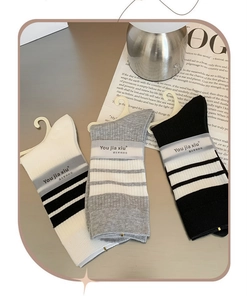 Detailed view of three pairs of striped mid-calf cotton socks in retail packaging