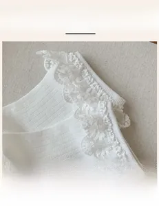 Close-up of elastic ribbed cuff with double-layer delicate white lace trimming