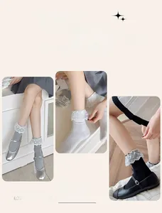 Close-up of lolita style lace trim and vertical knit texture on women white socks
